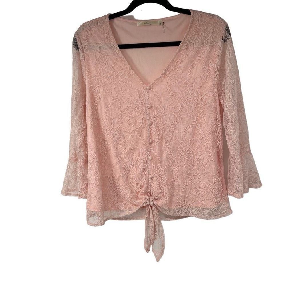 Andree Pink Lace Bell Sleeve V Neck Faux Button Front Tie‎ Blouse Womens L